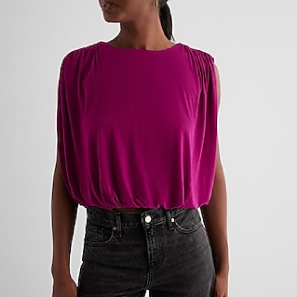 Express Skimming Linen-Blend Ruched Shoulder Bubble Tank